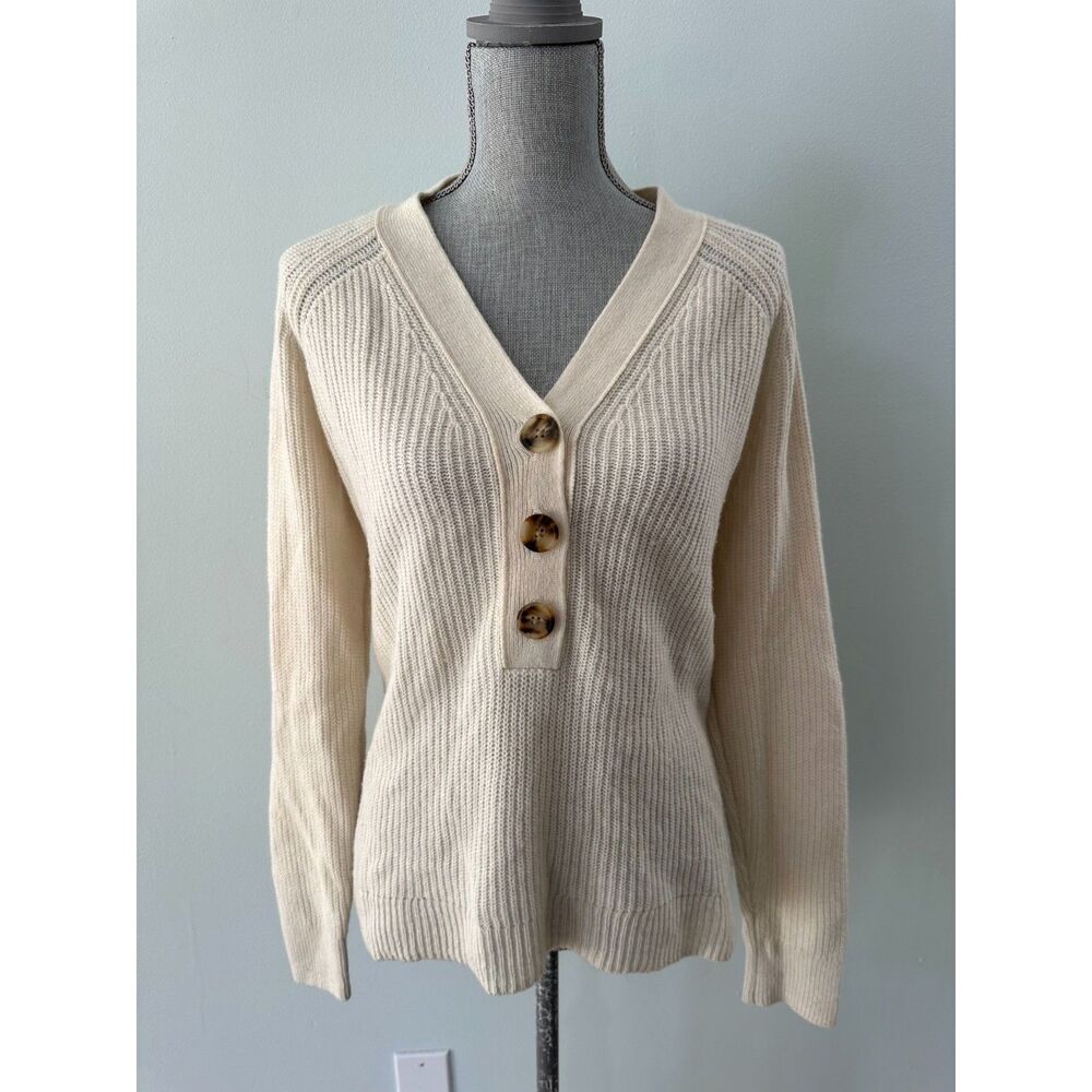 Madewell Lyle Rib Henley Sweater size M Cream Long Sleeve V Neck Wool Blend